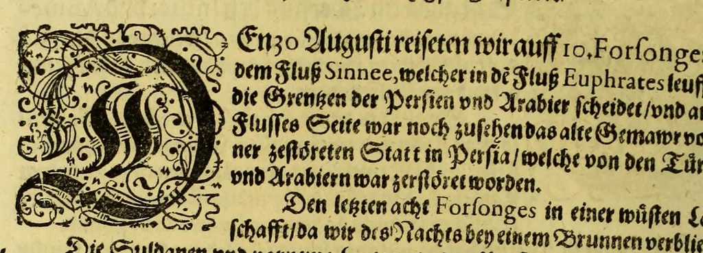 An illustration from Eilffter Theil der Orientalischen Indien, darinnen erstlich begriffenwerden zwo Schiffahrten Herrn Americi Vesputii, welche er auss Befehl Königs Emanuelis von Portugall anno 1501. in Ost Indien vorgenommen. : Zum andern, ein warhafftiger vnd zuvor nie erhörter Bericht eines Englischen, welcher, nach dem er in einem Schiff, die Auffahrt genandt, in Cambaja dem eussersten Theil Ost Indiens Schiffbruchgelidten, zu Land durch viele vnbekandte Königreich vnd grosse Stätte gereiset, vnd was ihme vberall begegnet vnd zuhanden gestossen. Zum dritten, ein historische Beschreibung von Erfindung vnd Beschaffenheit der Landschafft Spitzberg, &c. Item, ein kurtze Erzehlung, was alle andere Fischer Anno 1613. von den Englischen erlidten, neben angehängter Protestation, wider der Engelländer angemassten Erbgerechtigkeit, vber gedachte Landschaft Spitzberg, &c., 1618, leaf 46