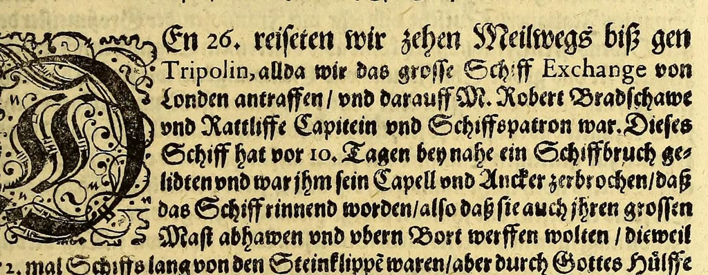 An illustration from Eilffter Theil der Orientalischen Indien, darinnen erstlich begriffenwerden zwo Schiffahrten Herrn Americi Vesputii, welche er auss Befehl Königs Emanuelis von Portugall anno 1501. in Ost Indien vorgenommen. : Zum andern, ein warhafftiger vnd zuvor nie erhörter Bericht eines Englischen, welcher, nach dem er in einem Schiff, die Auffahrt genandt, in Cambaja dem eussersten Theil Ost Indiens Schiffbruchgelidten, zu Land durch viele vnbekandte Königreich vnd grosse Stätte gereiset, vnd was ihme vberall begegnet vnd zuhanden gestossen. Zum dritten, ein historische Beschreibung von Erfindung vnd Beschaffenheit der Landschafft Spitzberg, &c. Item, ein kurtze Erzehlung, was alle andere Fischer Anno 1613. von den Englischen erlidten, neben angehängter Protestation, wider der Engelländer angemassten Erbgerechtigkeit, vber gedachte Landschaft Spitzberg, &c., 1618, leaf 49