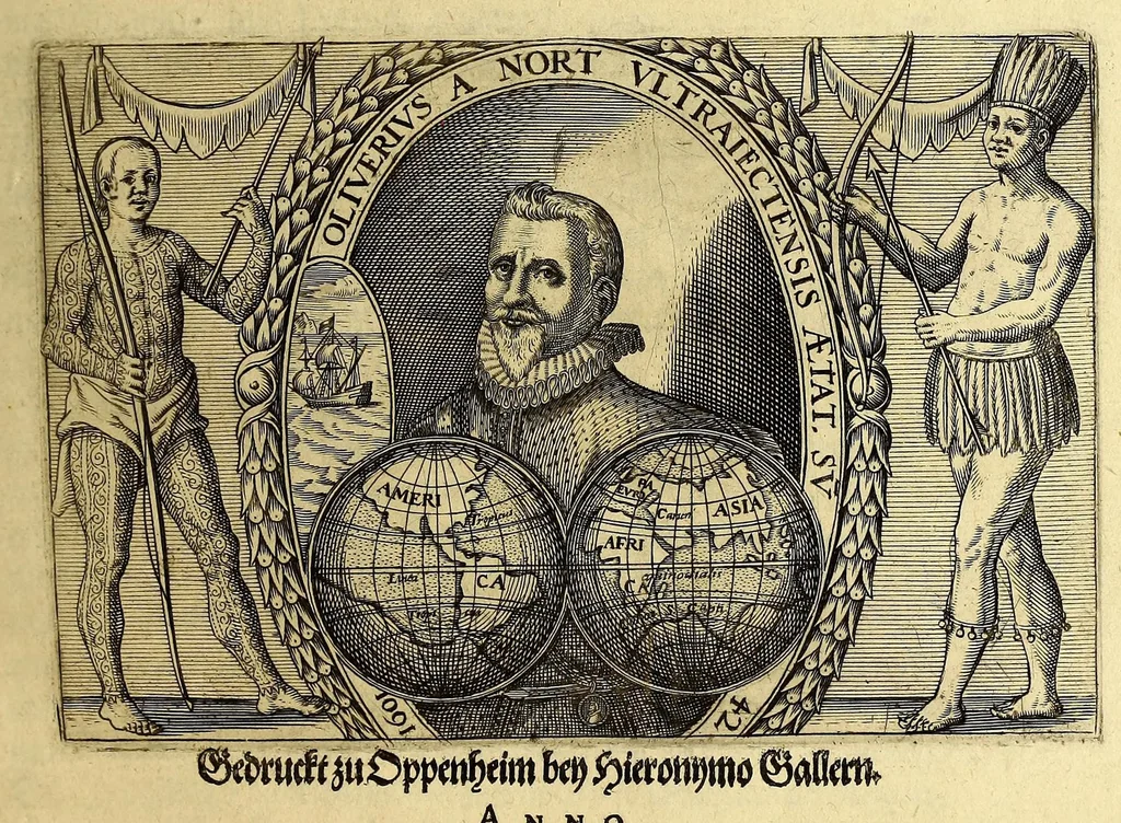 An illustration from Eilffter Theil der Orientalischen Indien, darinnen erstlich begriffenwerden zwo Schiffahrten Herrn Americi Vesputii, welche er auss Befehl Königs Emanuelis von Portugall anno 1501. in Ost Indien vorgenommen. : Zum andern, ein warhafftiger vnd zuvor nie erhörter Bericht eines Englischen, welcher, nach dem er in einem Schiff, die Auffahrt genandt, in Cambaja dem eussersten Theil Ost Indiens Schiffbruchgelidten, zu Land durch viele vnbekandte Königreich vnd grosse Stätte gereiset, vnd was ihme vberall begegnet vnd zuhanden gestossen. Zum dritten, ein historische Beschreibung von Erfindung vnd Beschaffenheit der Landschafft Spitzberg, &c. Item, ein kurtze Erzehlung, was alle andere Fischer Anno 1613. von den Englischen erlidten, neben angehängter Protestation, wider der Engelländer angemassten Erbgerechtigkeit, vber gedachte Landschaft Spitzberg, &c., 1618, leaf 7
