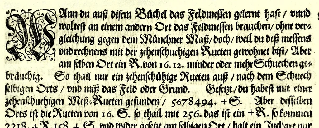 An illustration from Ein begründter vnd verständiger Bericht von dem Feldmessen : wie man Aecker, Wisen, Gärten, Höltzer, Weyer, vnd andere Grundstuck, ihrer Grösse nach vnd wievil deren jedes Jucharten, Rueten und Schuech aigentlich in sich halte messen, auch dieselbige in etliche gleiche oder vngleiche Thail abthailen soll .., 1665, leaf 115