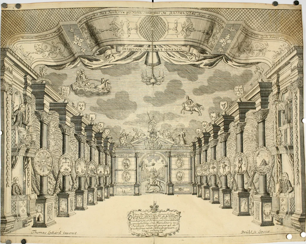 An illustration from Eine Collection curieuser Vorstellungen in Illuminationen und Feuer-Wercken : so in denen Jahren 1724 biss 1728 inclusivè, bey Gelegenheit einiger publiquen Festins und Rejouïssances, in Hamburg und mehrentheils auf dem Schau-Platze daselbst, unter der Direction und von der Invention Thomas Lediard's ... sind vorgestellet worden : in sechszehn grossen Kupfer-Platen sauber gestochen, und auff das accurateste abgebildet, nebst derselben besondern, vollkommenen und ausführlichen Beschreibungen, in welchen etliche Hundert dabey vorgestellte Sinn-Bilder, nebst dazu gehörigen Lateinischen, und in Teutschen Versen explicirten, emblematischen, und andern Inscriptionibus und Titeln enthalten, 1730, leaf 19