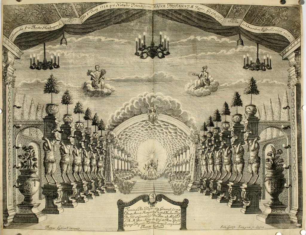 An illustration from Eine Collection curieuser Vorstellungen in Illuminationen und Feuer-Wercken : so in denen Jahren 1724 biss 1728 inclusivè, bey Gelegenheit einiger publiquen Festins und Rejouïssances, in Hamburg und mehrentheils auf dem Schau-Platze daselbst, unter der Direction und von der Invention Thomas Lediard's ... sind vorgestellet worden : in sechszehn grossen Kupfer-Platen sauber gestochen, und auff das accurateste abgebildet, nebst derselben besondern, vollkommenen und ausführlichen Beschreibungen, in welchen etliche Hundert dabey vorgestellte Sinn-Bilder, nebst dazu gehörigen Lateinischen, und in Teutschen Versen explicirten, emblematischen, und andern Inscriptionibus und Titeln enthalten, 1730, leaf 25