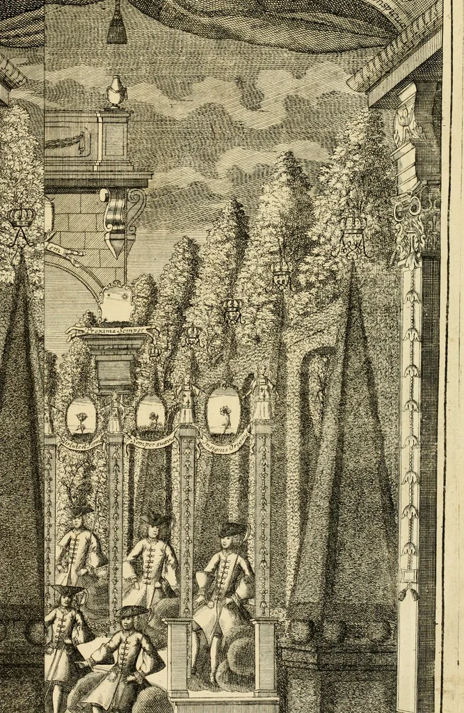 An illustration from Eine Collection curieuser Vorstellungen in Illuminationen und Feuer-Wercken : so in denen Jahren 1724 biss 1728 inclusivè, bey Gelegenheit einiger publiquen Festins und Rejouïssances, in Hamburg und mehrentheils auf dem Schau-Platze daselbst, unter der Direction und von der Invention Thomas Lediard's ... sind vorgestellet worden : in sechszehn grossen Kupfer-Platen sauber gestochen, und auff das accurateste abgebildet, nebst derselben besondern, vollkommenen und ausführlichen Beschreibungen, in welchen etliche Hundert dabey vorgestellte Sinn-Bilder, nebst dazu gehörigen Lateinischen, und in Teutschen Versen explicirten, emblematischen, und andern Inscriptionibus und Titeln enthalten, 1730, leaf 30