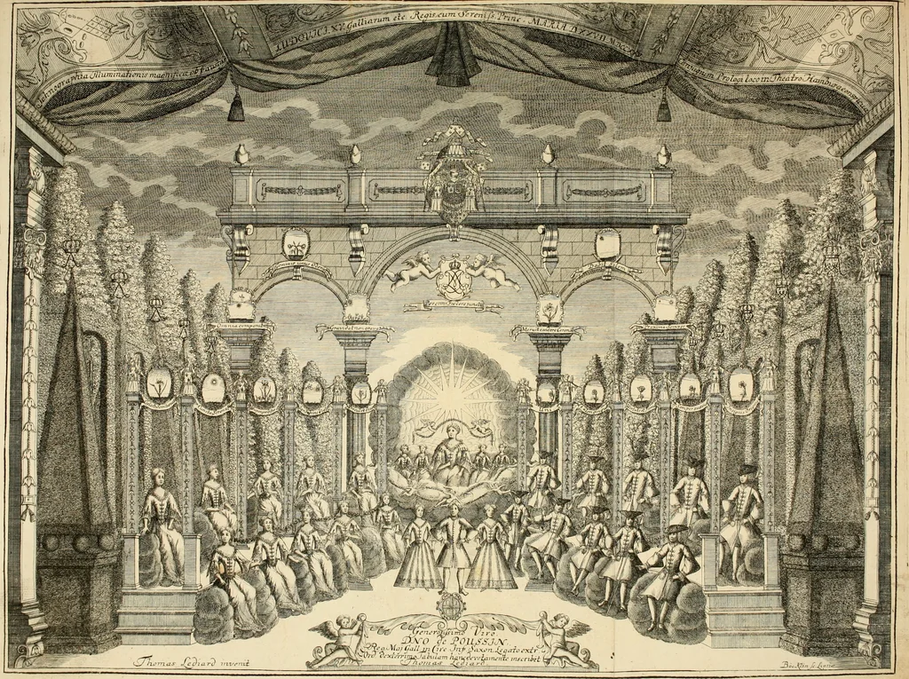 An illustration from Eine Collection curieuser Vorstellungen in Illuminationen und Feuer-Wercken : so in denen Jahren 1724 biss 1728 inclusivè, bey Gelegenheit einiger publiquen Festins und Rejouïssances, in Hamburg und mehrentheils auf dem Schau-Platze daselbst, unter der Direction und von der Invention Thomas Lediard's ... sind vorgestellet worden : in sechszehn grossen Kupfer-Platen sauber gestochen, und auff das accurateste abgebildet, nebst derselben besondern, vollkommenen und ausführlichen Beschreibungen, in welchen etliche Hundert dabey vorgestellte Sinn-Bilder, nebst dazu gehörigen Lateinischen, und in Teutschen Versen explicirten, emblematischen, und andern Inscriptionibus und Titeln enthalten, 1730, leaf 31