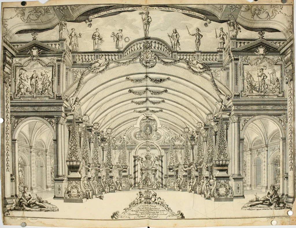 An illustration from Eine Collection curieuser Vorstellungen in Illuminationen und Feuer-Wercken : so in denen Jahren 1724 biss 1728 inclusivè, bey Gelegenheit einiger publiquen Festins und Rejouïssances, in Hamburg und mehrentheils auf dem Schau-Platze daselbst, unter der Direction und von der Invention Thomas Lediard's ... sind vorgestellet worden : in sechszehn grossen Kupfer-Platen sauber gestochen, und auff das accurateste abgebildet, nebst derselben besondern, vollkommenen und ausführlichen Beschreibungen, in welchen etliche Hundert dabey vorgestellte Sinn-Bilder, nebst dazu gehörigen Lateinischen, und in Teutschen Versen explicirten, emblematischen, und andern Inscriptionibus und Titeln enthalten, 1730, leaf 37