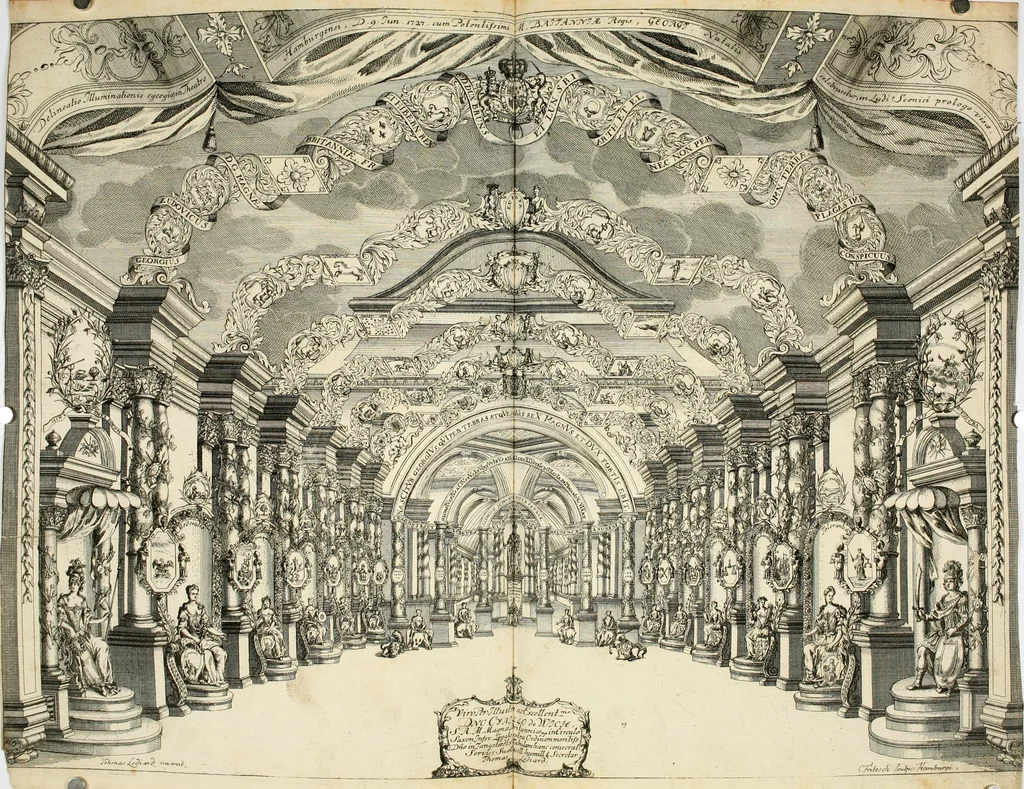 An illustration from Eine Collection curieuser Vorstellungen in Illuminationen und Feuer-Wercken : so in denen Jahren 1724 biss 1728 inclusivè, bey Gelegenheit einiger publiquen Festins und Rejouïssances, in Hamburg und mehrentheils auf dem Schau-Platze daselbst, unter der Direction und von der Invention Thomas Lediard's ... sind vorgestellet worden : in sechszehn grossen Kupfer-Platen sauber gestochen, und auff das accurateste abgebildet, nebst derselben besondern, vollkommenen und ausführlichen Beschreibungen, in welchen etliche Hundert dabey vorgestellte Sinn-Bilder, nebst dazu gehörigen Lateinischen, und in Teutschen Versen explicirten, emblematischen, und andern Inscriptionibus und Titeln enthalten, 1730, leaf 47