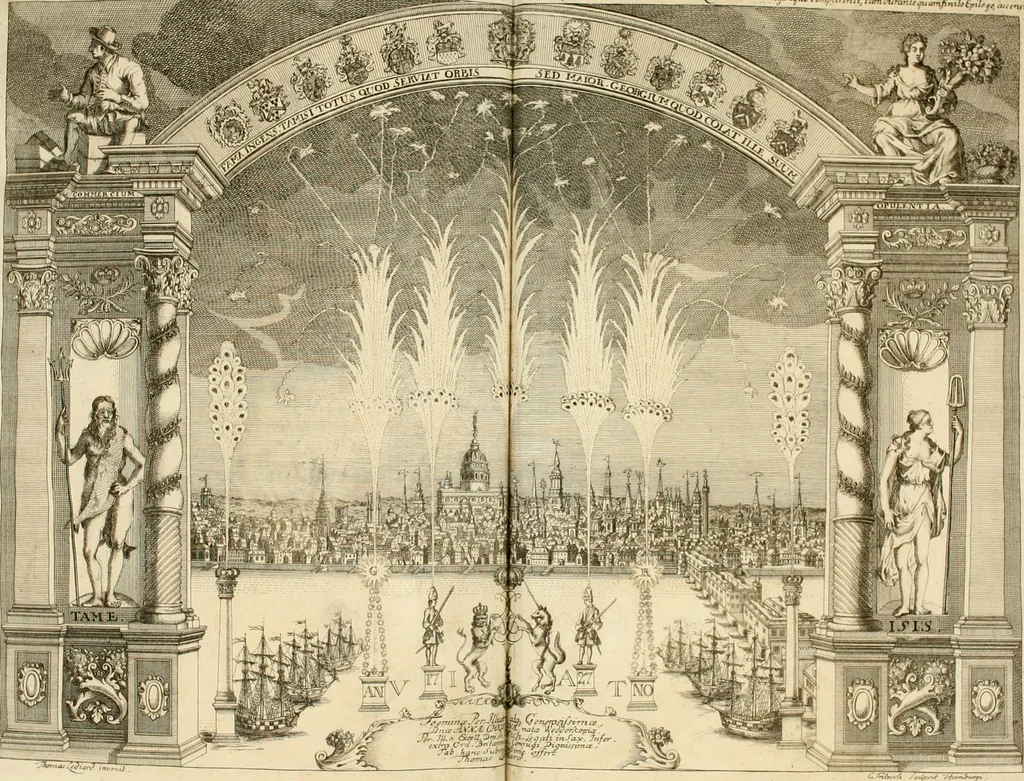 An illustration from Eine Collection curieuser Vorstellungen in Illuminationen und Feuer-Wercken : so in denen Jahren 1724 biss 1728 inclusivè, bey Gelegenheit einiger publiquen Festins und Rejouïssances, in Hamburg und mehrentheils auf dem Schau-Platze daselbst, unter der Direction und von der Invention Thomas Lediard's ... sind vorgestellet worden : in sechszehn grossen Kupfer-Platen sauber gestochen, und auff das accurateste abgebildet, nebst derselben besondern, vollkommenen und ausführlichen Beschreibungen, in welchen etliche Hundert dabey vorgestellte Sinn-Bilder, nebst dazu gehörigen Lateinischen, und in Teutschen Versen explicirten, emblematischen, und andern Inscriptionibus und Titeln enthalten, 1730, leaf 55