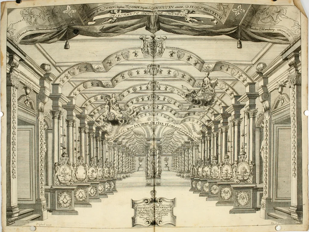 An illustration from Eine Collection curieuser Vorstellungen in Illuminationen und Feuer-Wercken : so in denen Jahren 1724 biss 1728 inclusivè, bey Gelegenheit einiger publiquen Festins und Rejouïssances, in Hamburg und mehrentheils auf dem Schau-Platze daselbst, unter der Direction und von der Invention Thomas Lediard's ... sind vorgestellet worden : in sechszehn grossen Kupfer-Platen sauber gestochen, und auff das accurateste abgebildet, nebst derselben besondern, vollkommenen und ausführlichen Beschreibungen, in welchen etliche Hundert dabey vorgestellte Sinn-Bilder, nebst dazu gehörigen Lateinischen, und in Teutschen Versen explicirten, emblematischen, und andern Inscriptionibus und Titeln enthalten, 1730, leaf 61