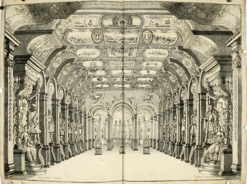 An illustration from Eine Collection curieuser Vorstellungen in Illuminationen und Feuer-Wercken : so in denen Jahren 1724 biss 1728 inclusivè, bey Gelegenheit einiger publiquen Festins und Rejouïssances, in Hamburg und mehrentheils auf dem Schau-Platze daselbst, unter der Direction und von der Invention Thomas Lediard's ... sind vorgestellet worden : in sechszehn grossen Kupfer-Platen sauber gestochen, und auff das accurateste abgebildet, nebst derselben besondern, vollkommenen und ausführlichen Beschreibungen, in welchen etliche Hundert dabey vorgestellte Sinn-Bilder, nebst dazu gehörigen Lateinischen, und in Teutschen Versen explicirten, emblematischen, und andern Inscriptionibus und Titeln enthalten, 1730, leaf 67