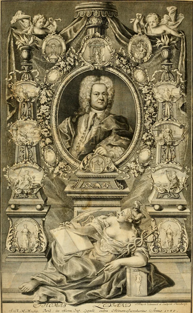 An illustration from Eine Collection curieuser Vorstellungen in Illuminationen und Feuer-Wercken : so in denen Jahren 1724 biss 1728 inclusivè, bey Gelegenheit einiger publiquen Festins und Rejouïssances, in Hamburg und mehrentheils auf dem Schau-Platze daselbst, unter der Direction und von der Invention Thomas Lediard's ... sind vorgestellet worden : in sechszehn grossen Kupfer-Platen sauber gestochen, und auff das accurateste abgebildet, nebst derselben besondern, vollkommenen und ausführlichen Beschreibungen, in welchen etliche Hundert dabey vorgestellte Sinn-Bilder, nebst dazu gehörigen Lateinischen, und in Teutschen Versen explicirten, emblematischen, und andern Inscriptionibus und Titeln enthalten, 1730, leaf 7