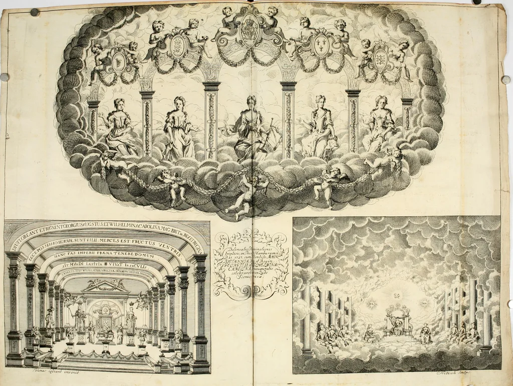 An illustration from Eine Collection curieuser Vorstellungen in Illuminationen und Feuer-Wercken : so in denen Jahren 1724 biss 1728 inclusivè, bey Gelegenheit einiger publiquen Festins und Rejouïssances, in Hamburg und mehrentheils auf dem Schau-Platze daselbst, unter der Direction und von der Invention Thomas Lediard's ... sind vorgestellet worden : in sechszehn grossen Kupfer-Platen sauber gestochen, und auff das accurateste abgebildet, nebst derselben besondern, vollkommenen und ausführlichen Beschreibungen, in welchen etliche Hundert dabey vorgestellte Sinn-Bilder, nebst dazu gehörigen Lateinischen, und in Teutschen Versen explicirten, emblematischen, und andern Inscriptionibus und Titeln enthalten, 1730, leaf 75