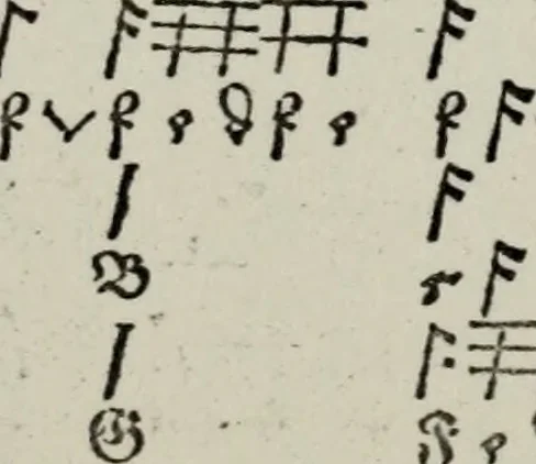 An illustration from Einer neüen Tabulatur auff Orgel und Instrumenten. Das ander allerlei schöne teutsche, italienische, frantzösische, geistliche und weltliche Lieder mit funff und vier Stimmen Passamezo, Galliardo und Täntze in sich begreifft.., 1577, leaf 22
