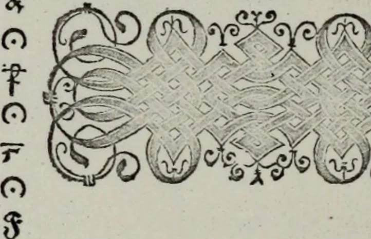 An illustration from Einer neüen Tabulatur auff Orgel und Instrumenten. Das ander allerlei schöne teutsche, italienische, frantzösische, geistliche und weltliche Lieder mit funff und vier Stimmen Passamezo, Galliardo und Täntze in sich begreifft.., 1577, leaf 43
