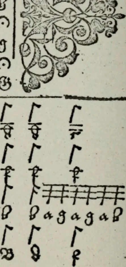 An illustration from Einer neüen Tabulatur auff Orgel und Instrumenten. Das ander allerlei schöne teutsche, italienische, frantzösische, geistliche und weltliche Lieder mit funff und vier Stimmen Passamezo, Galliardo und Täntze in sich begreifft.., 1577, leaf 51