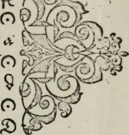 An illustration from Einer neüen Tabulatur auff Orgel und Instrumenten. Das ander allerlei schöne teutsche, italienische, frantzösische, geistliche und weltliche Lieder mit funff und vier Stimmen Passamezo, Galliardo und Täntze in sich begreifft.., 1577, leaf 6