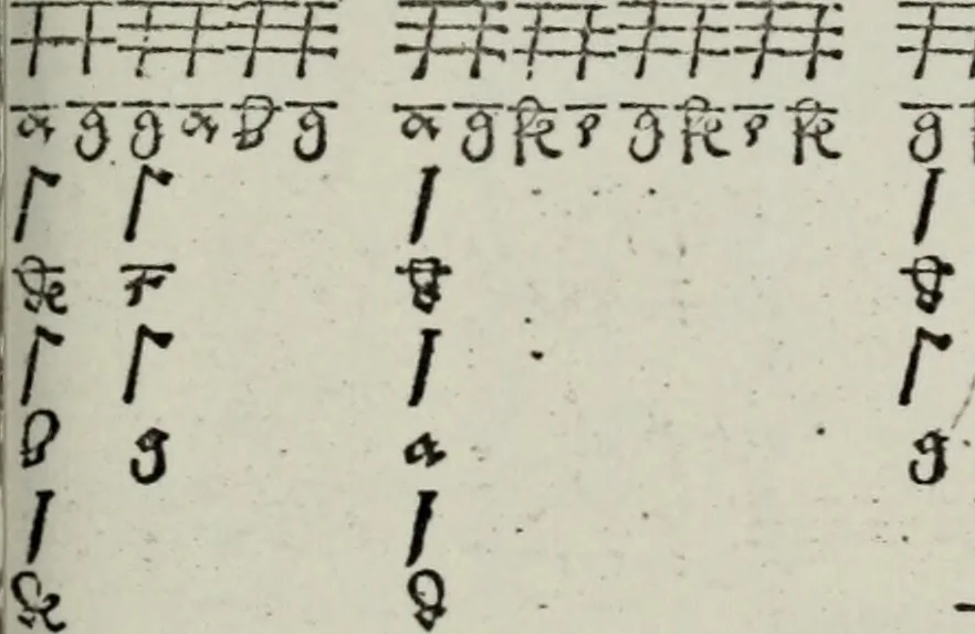 An illustration from Einer neüen Tabulatur auff Orgel und Instrumenten. Das ander allerlei schöne teutsche, italienische, frantzösische, geistliche und weltliche Lieder mit funff und vier Stimmen Passamezo, Galliardo und Täntze in sich begreifft.., 1577, leaf 64