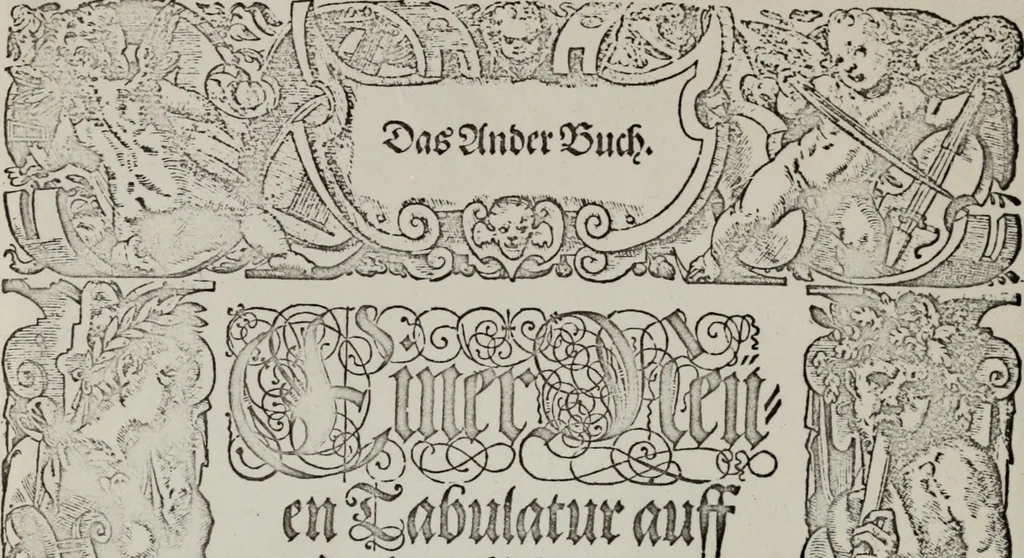 An illustration from Einer neüen Tabulatur auff Orgel und Instrumenten. Das ander allerlei schöne teutsche, italienische, frantzösische, geistliche und weltliche Lieder mit funff und vier Stimmen Passamezo, Galliardo und Täntze in sich begreifft.., 1577, leaf 7