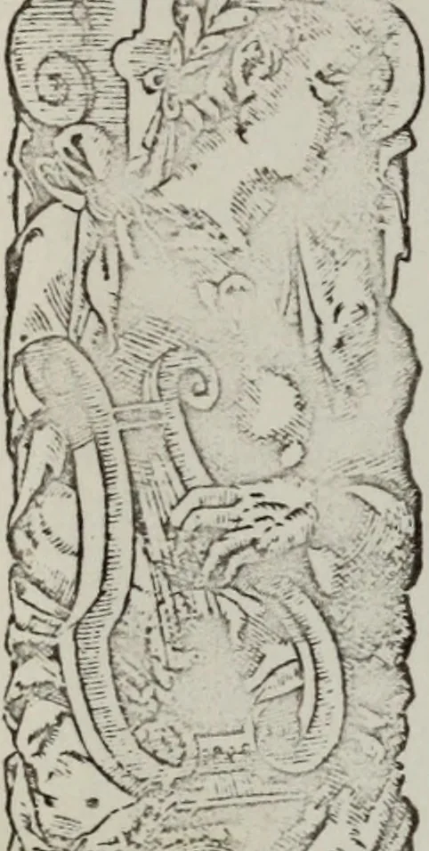 An illustration from Einer neüen Tabulatur auff Orgel und Instrumenten. Das ander allerlei schöne teutsche, italienische, frantzösische, geistliche und weltliche Lieder mit funff und vier Stimmen Passamezo, Galliardo und Täntze in sich begreifft.., 1577, leaf 7
