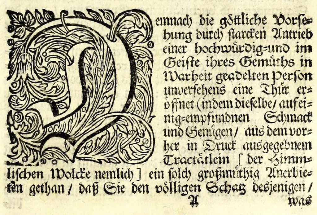 An illustration from Ein Garten-Brunn : gewässert durch die Ströhme der göttlichen Lustbarkeit, und hervorgrünend in mannichfaltigem Unterschiede geistlicher Pflantzen : di durch den reinen Anhauch zu einem Paradiese aufgeblasen ... oder, ein rechtes Diarium und ausführlich Tag-Verzeichnus alles desjenigen, was sich mit dieser theuren Autorin, in ihrem hohen Beruffe vom Jahre 1670 her zugetragen ..., 1697, leaf 7