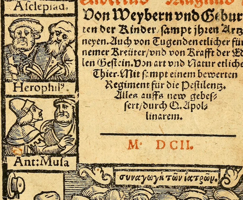 An illustration from Ein newer Albertus Magnus. Von Weybern vnd Geburten der Kinder, sampt jhren Artzneyen. Auch von Tugenden etlicher fürnemer Kreüter, vnd von Krafft der Edlen Gestein. Von art vnd Natur etlicher Thier. Mit sampt einem bewerten Regiment für die Pestilentz. Alles auffs new gebessert, durch Q. Apollinarem, 1602, leaf 6
