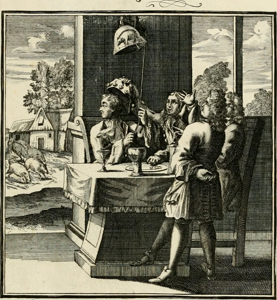 An illustration from Ein Schock Phantastn in einem Kasten : mit ihrem Pourtrait gar net in Kupffer gebracht und ausgelacht, samt einer Vorred, 1700, leaf 148