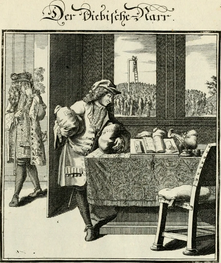An illustration from Ein Schock Phantastn in einem Kasten : mit ihrem Pourtrait gar net in Kupffer gebracht und ausgelacht, samt einer Vorred, 1700, leaf 34