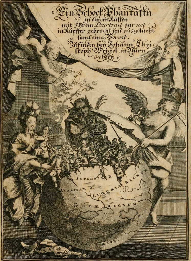 An illustration from Ein Schock Phantastn in einem Kasten : mit ihrem Pourtrait gar net in Kupffer gebracht und ausgelacht, samt einer Vorred, 1700, leaf 6