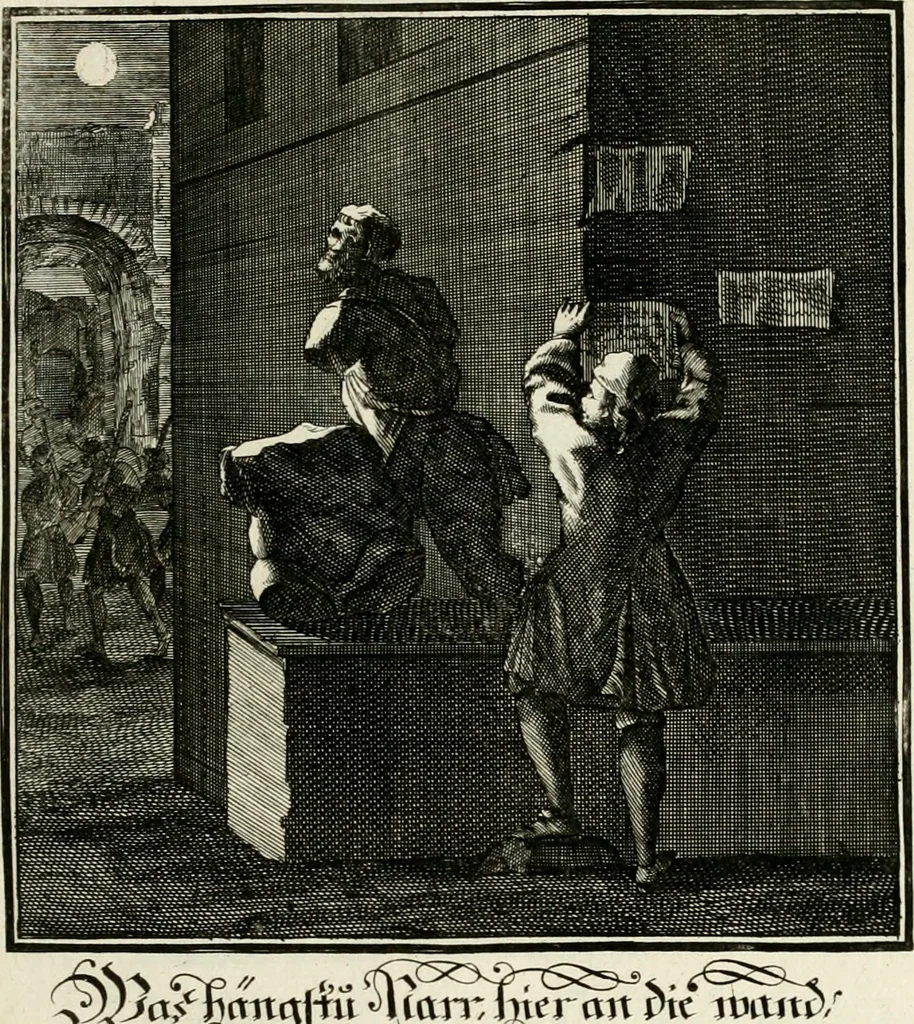 An illustration from Ein Schock Phantastn in einem Kasten : mit ihrem Pourtrait gar net in Kupffer gebracht und ausgelacht, samt einer Vorred, 1700, leaf 98
