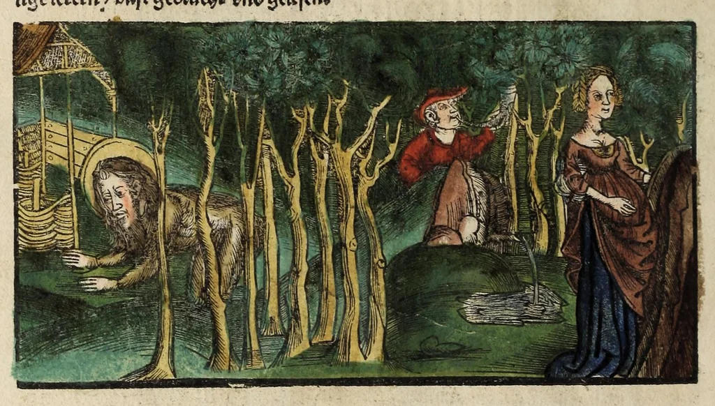 An illustration from Ein trostliche Predig Sant Iohanns Chrisostomi, genante mit den guldin Mund, von de[m], das kein Mensch geletzt, mag werde[n] dan von im selbs, 1514, leaf 6