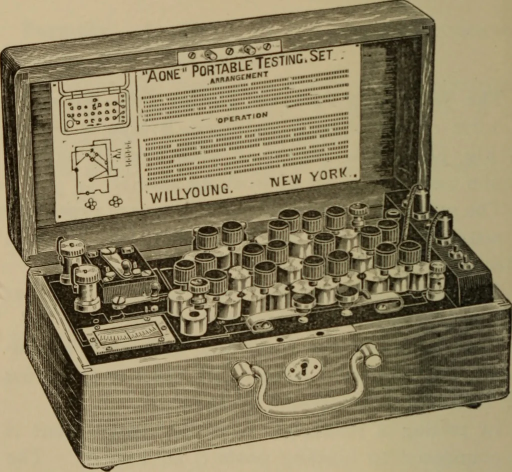 An illustration from Electrical instruments and testing; how to use the voltmeter, ohmmeter, ammeter, potentiometer, galvanometer, the Wheatstone bridge, and standard portable testing sets, 1907, leaf 109