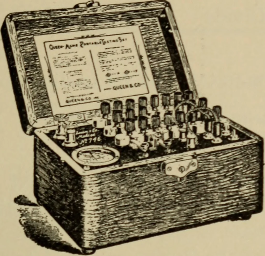An illustration from Electrical instruments and testing; how to use the voltmeter, ohmmeter, ammeter, potentiometer, galvanometer, the Wheatstone bridge, and standard portable testing sets, 1907, leaf 112