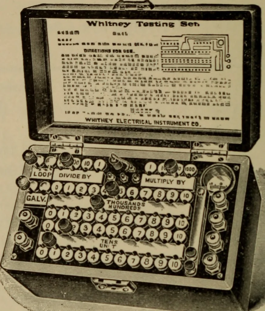 An illustration from Electrical instruments and testing; how to use the voltmeter, ohmmeter, ammeter, potentiometer, galvanometer, the Wheatstone bridge, and standard portable testing sets, 1907, leaf 115