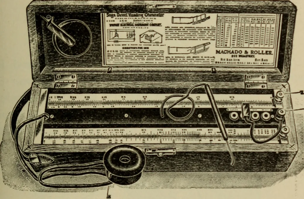 An illustration from Electrical instruments and testing; how to use the voltmeter, ohmmeter, ammeter, potentiometer, galvanometer, the Wheatstone bridge, and standard portable testing sets, 1907, leaf 120
