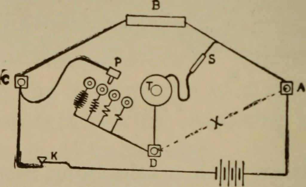 An illustration from Electrical instruments and testing; how to use the voltmeter, ohmmeter, ammeter, potentiometer, galvanometer, the Wheatstone bridge, and standard portable testing sets, 1907, leaf 121