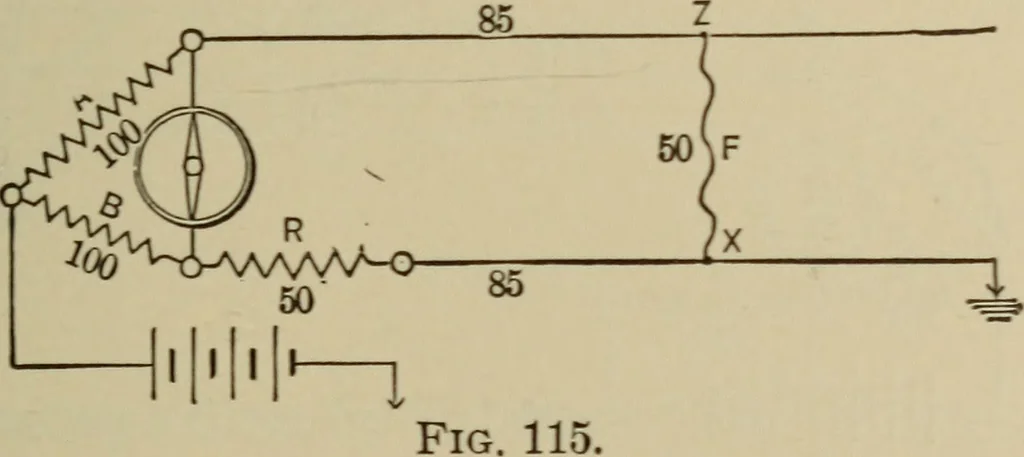 An illustration from Electrical instruments and testing; how to use the voltmeter, ohmmeter, ammeter, potentiometer, galvanometer, the Wheatstone bridge, and standard portable testing sets, 1907, leaf 226