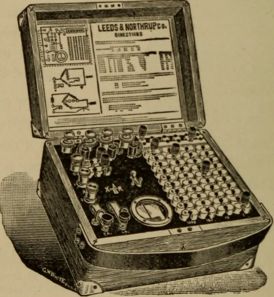 An illustration from Electrical instruments and testing; how to use the voltmeter, ohmmeter, ammeter, potentiometer, galvanometer, the Wheatstone bridge, and standard portable testing sets, 1907, leaf 265