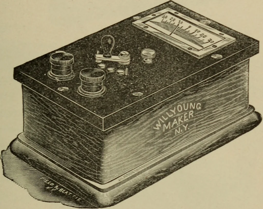 An illustration from Electrical instruments and testing; how to use the voltmeter, ohmmeter, ammeter, potentiometer, galvanometer, the Wheatstone bridge, and standard portable testing sets, 1907, leaf 44