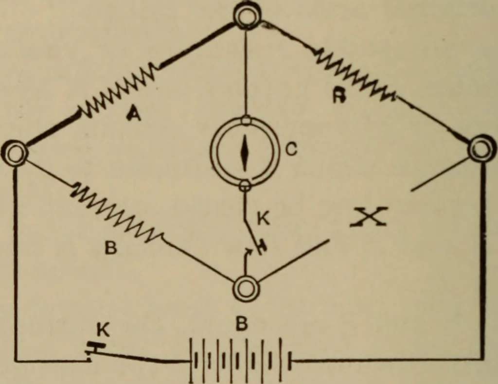 An illustration from Electrical instruments and testing; how to use the voltmeter, ohmmeter, ammeter, potentiometer, galvanometer, the Wheatstone bridge, and standard portable testing sets, 1907, leaf 99