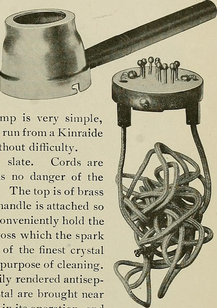 An illustration from Electrical novelties : the ultra vacuum electrodes, X-ray tubes and stands, the multiple spark interrupter, spark lamp to produce violet rays, spark regulator for coil, electric heaters, X-ray plates, 1903, leaf 11