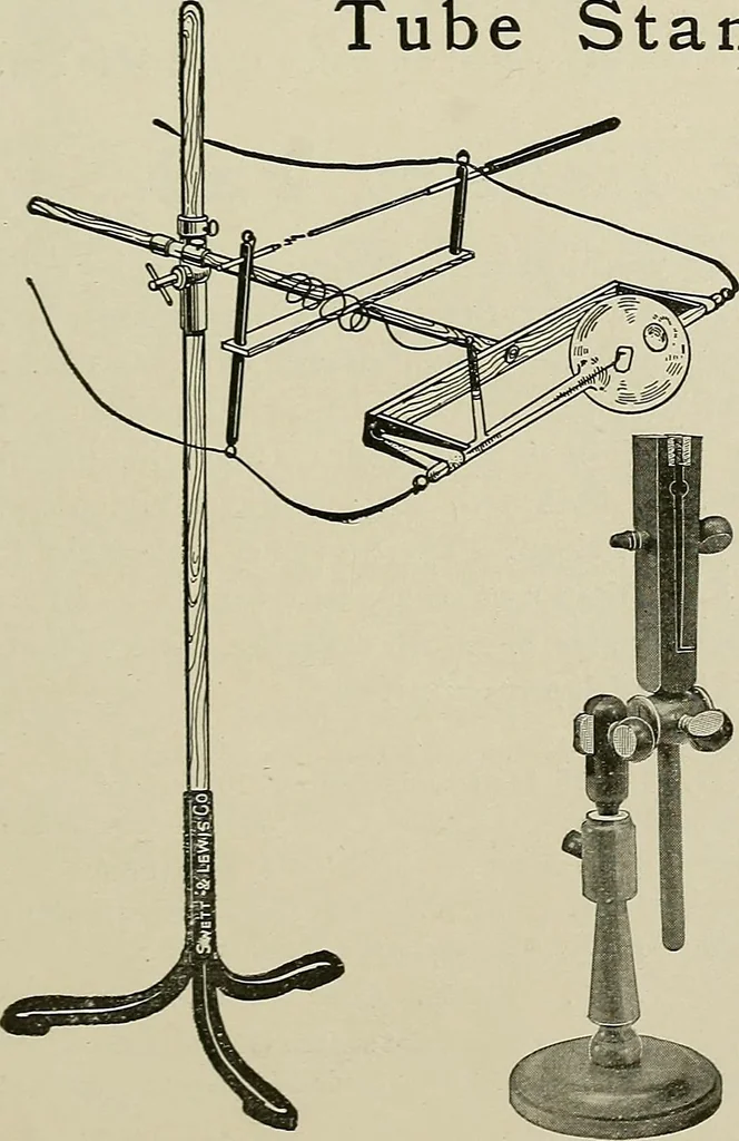 An illustration from Electrical novelties : the ultra vacuum electrodes, X-ray tubes and stands, the multiple spark interrupter, spark lamp to produce violet rays, spark regulator for coil, electric heaters, X-ray plates, 1903, leaf 13