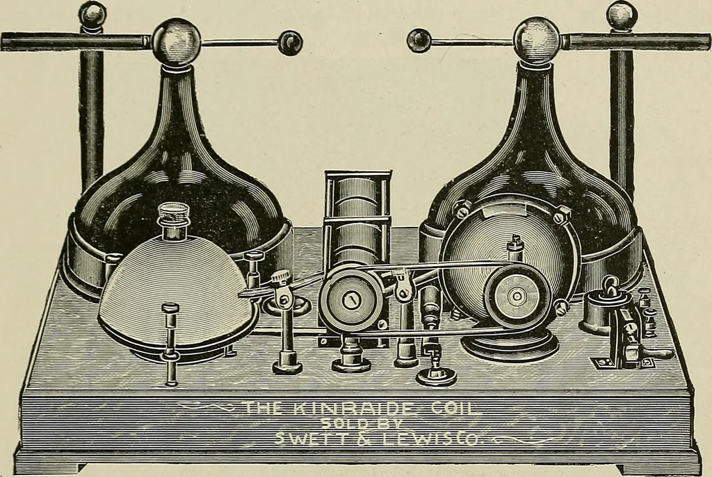 An illustration from Electrical novelties : the ultra vacuum electrodes, X-ray tubes and stands, the multiple spark interrupter, spark lamp to produce violet rays, spark regulator for coil, electric heaters, X-ray plates, 1903, leaf 17