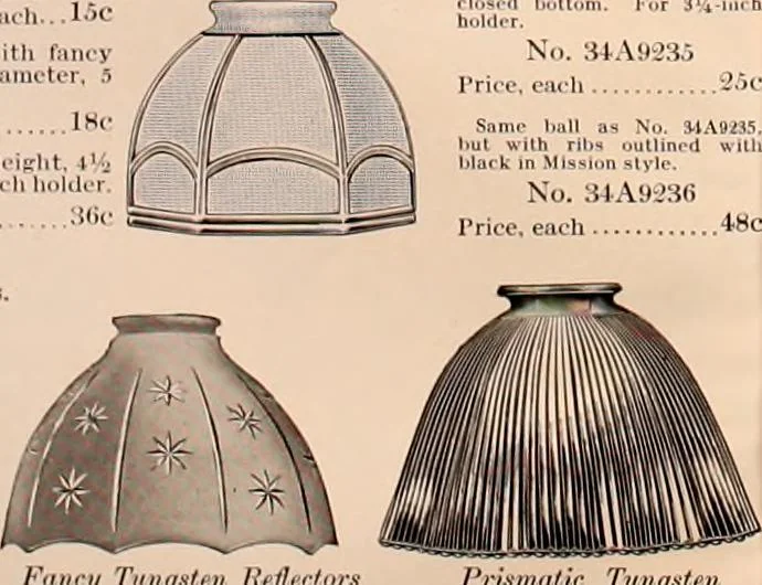 An illustration from Electric, gas, and combination lighting fixtures : table lamps, floor lamps, electrical wiring material, lighting glassware / Sears, Roebuck and Co., 1900, leaf 104