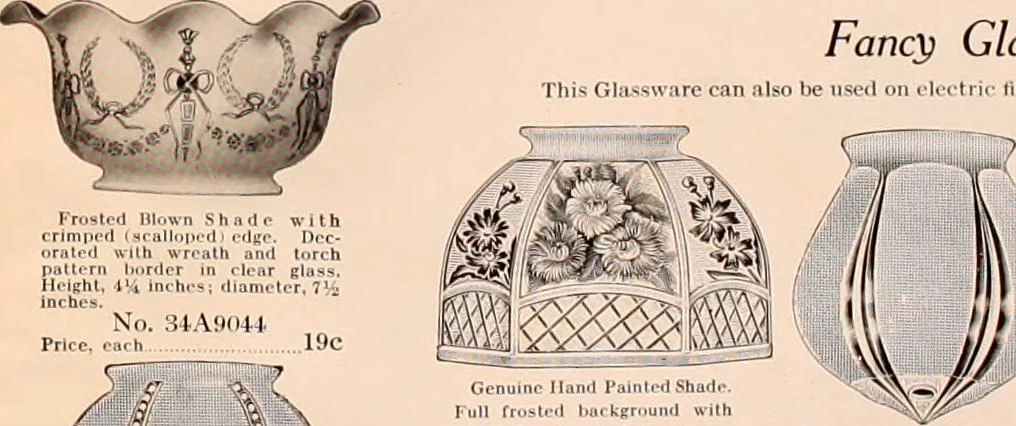 An illustration from Electric, gas, and combination lighting fixtures : table lamps, floor lamps, electrical wiring material, lighting glassware / Sears, Roebuck and Co., 1900, leaf 105