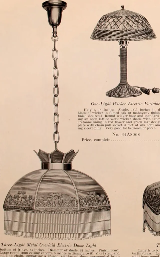 An illustration from Electric, gas, and combination lighting fixtures : table lamps, floor lamps, electrical wiring material, lighting glassware / Sears, Roebuck and Co., 1900, leaf 108