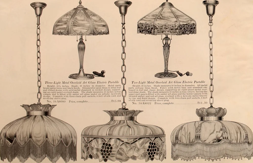 An illustration from Electric, gas, and combination lighting fixtures : table lamps, floor lamps, electrical wiring material, lighting glassware / Sears, Roebuck and Co., 1900, leaf 112