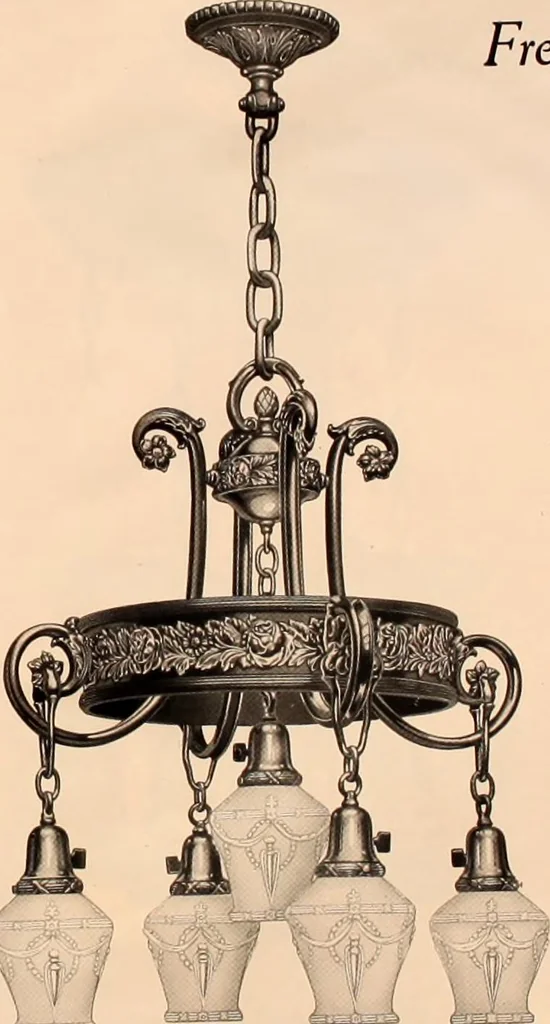 An illustration from Electric, gas, and combination lighting fixtures : table lamps, floor lamps, electrical wiring material, lighting glassware / Sears, Roebuck and Co., 1900, leaf 21