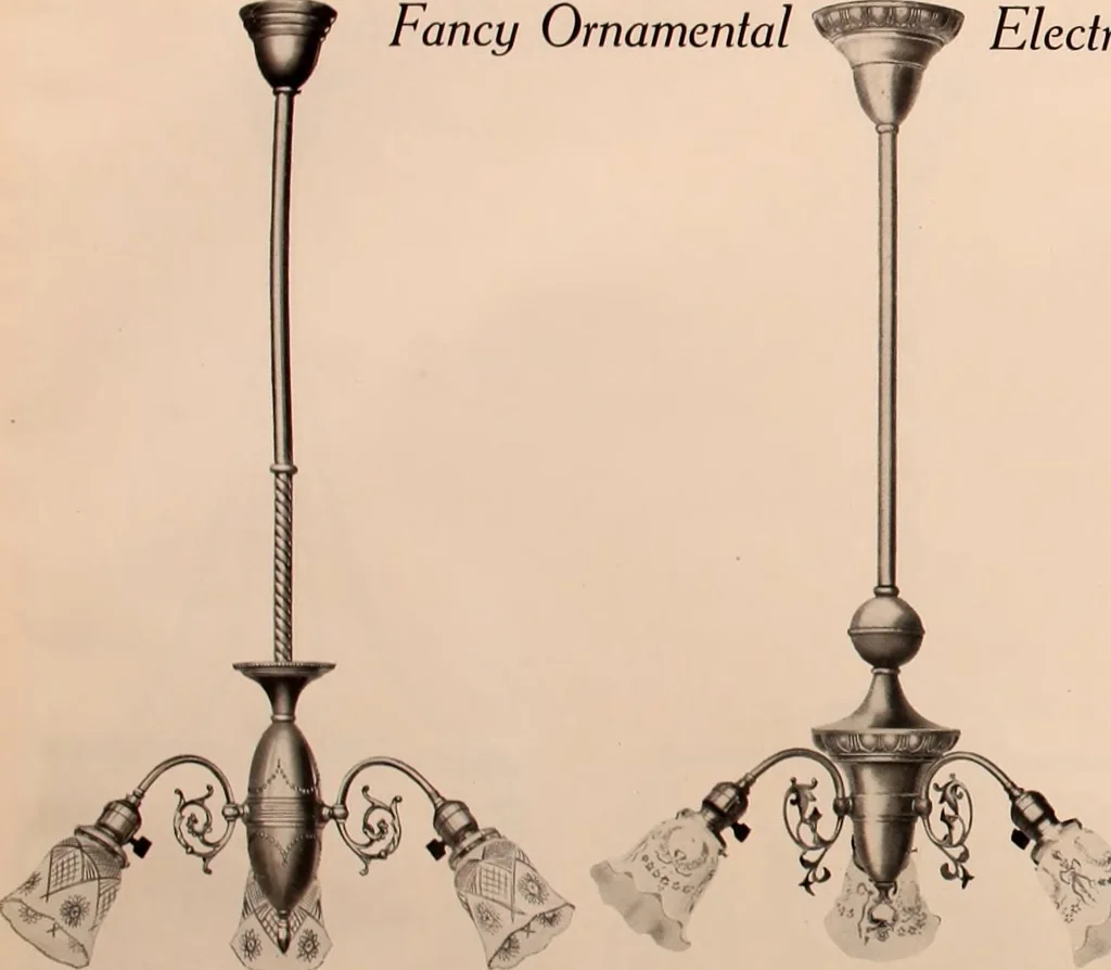 An illustration from Electric, gas, and combination lighting fixtures : table lamps, floor lamps, electrical wiring material, lighting glassware / Sears, Roebuck and Co., 1900, leaf 54
