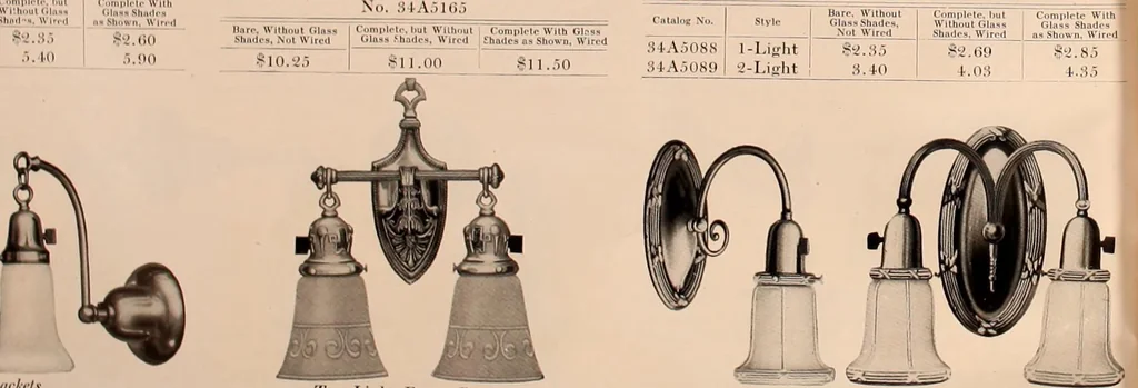 An illustration from Electric, gas, and combination lighting fixtures : table lamps, floor lamps, electrical wiring material, lighting glassware / Sears, Roebuck and Co., 1900, leaf 58