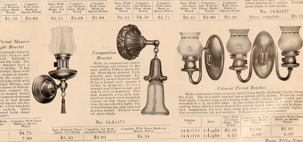 An illustration from Electric, gas, and combination lighting fixtures : table lamps, floor lamps, electrical wiring material, lighting glassware / Sears, Roebuck and Co., 1900, leaf 59