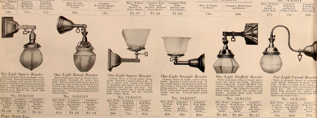 An illustration from Electric, gas, and combination lighting fixtures : table lamps, floor lamps, electrical wiring material, lighting glassware / Sears, Roebuck and Co., 1900, leaf 62